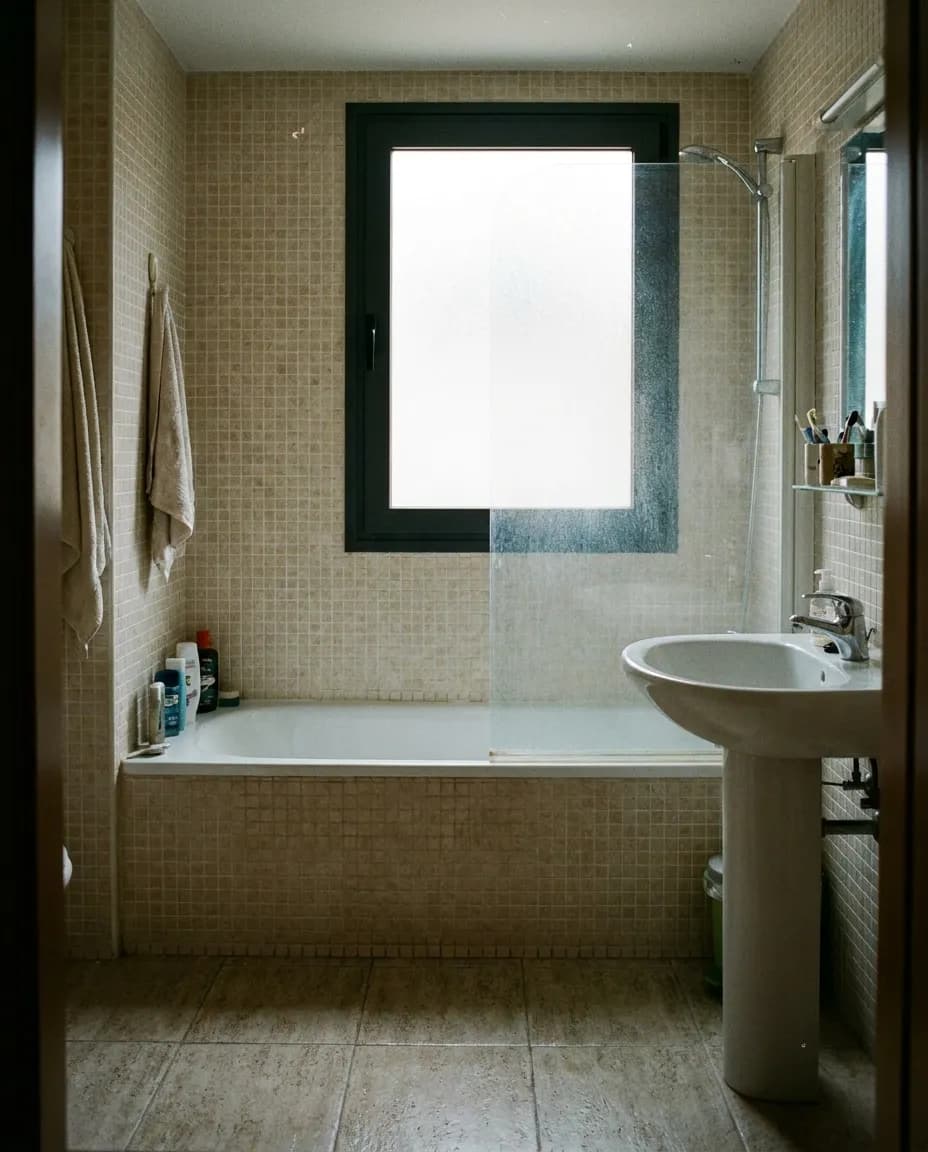 Antes: bañera de obra con azulejo beige de los años 90 (imagen generada con IA)