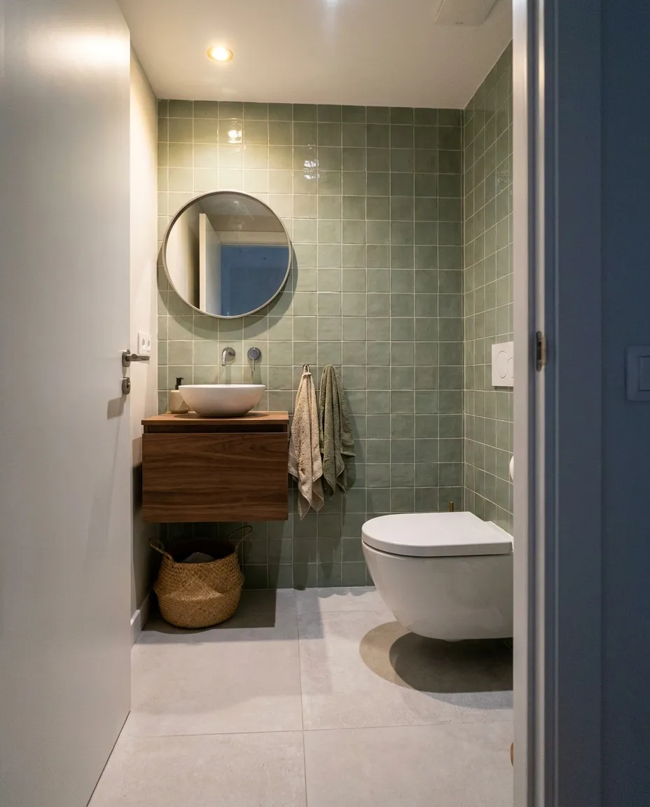 Aseo pequeño con inodoro suspendido, mueble de nogal y azulejo verde salvia (imagen generada con IA)
