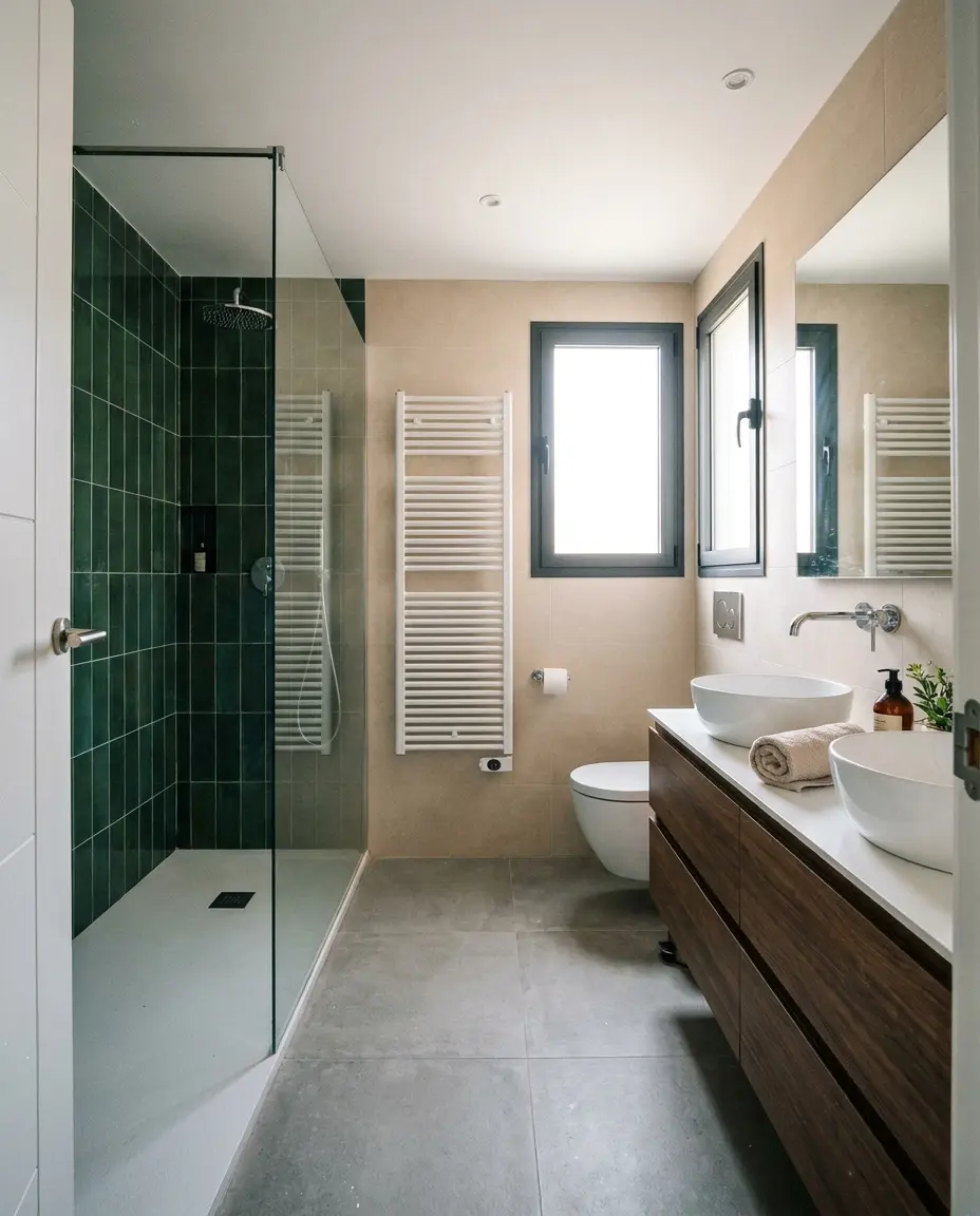 Baño de 6 m² reformado con ducha de obra y azulejo verde, mueble doble de nogal e inodoro suspendido (imagen generada con IA)
