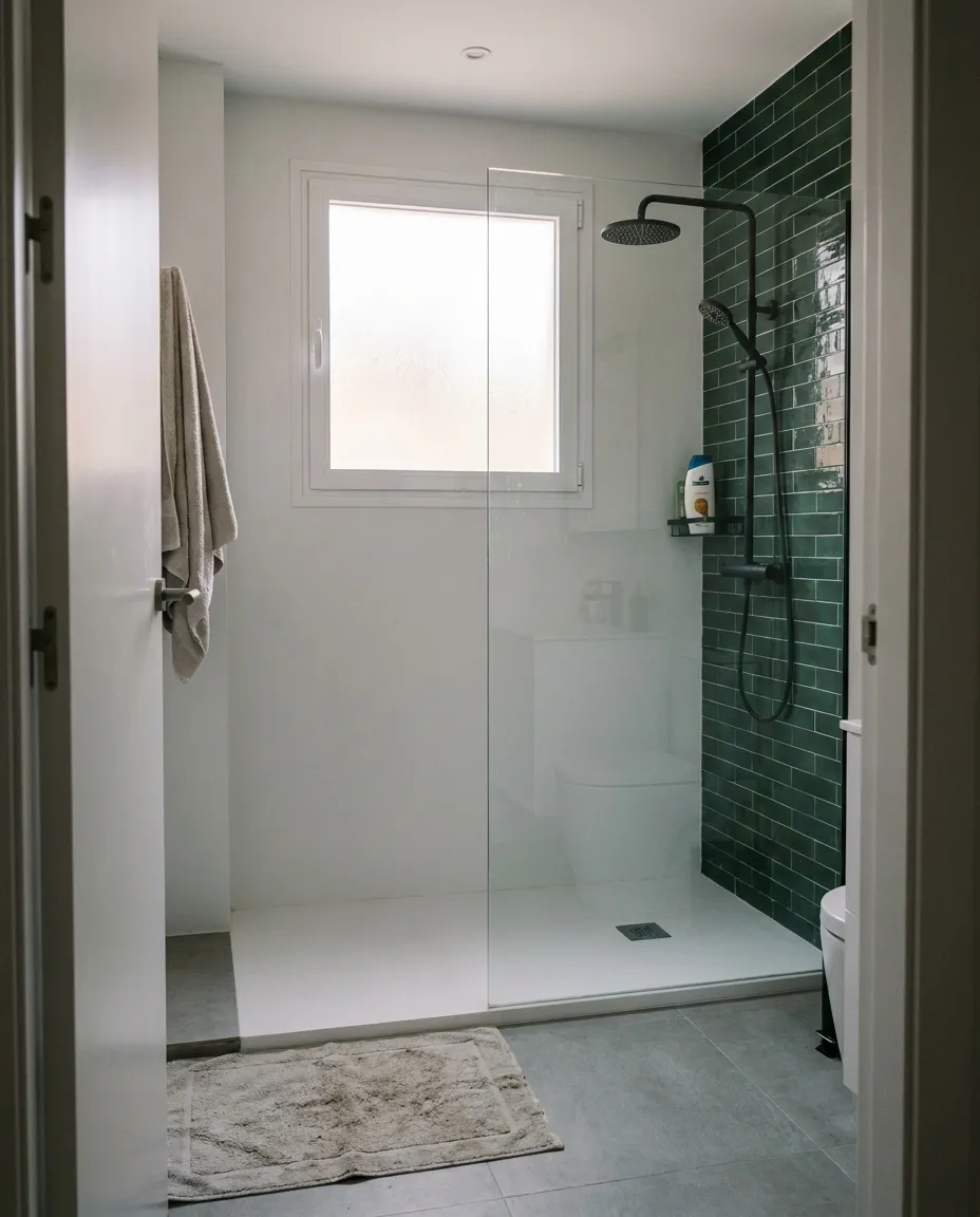 Baño reformado con plato de ducha extraplano, mampara y una pared de azulejo verde (imagen generada con IA)