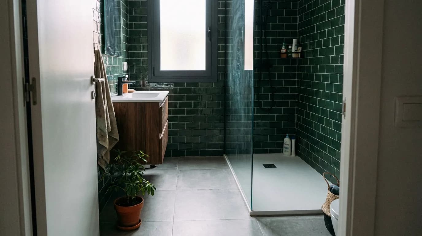 Baño reformado con azulejo verde botella, plato de ducha extraplano y mueble de nogal (imagen generada con IA)