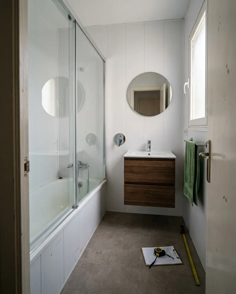 Baño pequeño renovado sin obra: paneles blancos sobre el azulejo, suelo vinílico gris, bañera con mampara y mueble de nogal (imagen generada con IA)